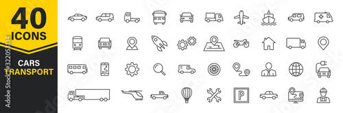 Set of 40 Cars and transport web icons in line style. Airplane, bus, parking, travel, train, comfortable. Vector illustration.