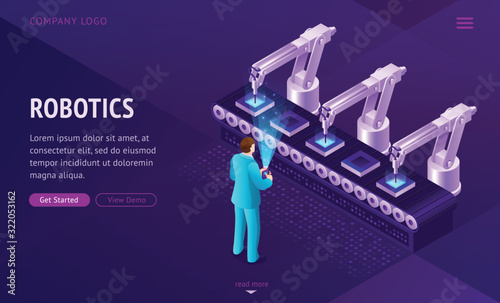 Robotics factory conveyor belt isometric landing page. Robot arms create electronics production on transporter line. Automation, smart cyborg industrial revolution, 3d vector illustration, web banner