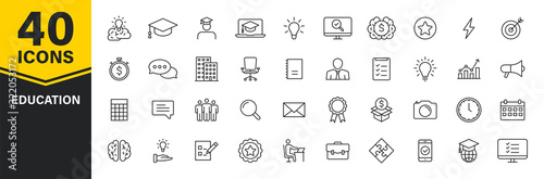 Set of 40 Education and Learning web icons in line style. School, university, textbook, learning. Vector illustration.