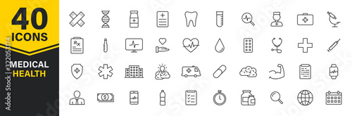 Set of 40 Medical and Health web icons in line style. Medicine and Health Care, RX, infographic. Vector illustration.