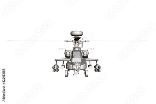 Detailed combat helicopter. Polygonal helicopter. Front view. 3D.