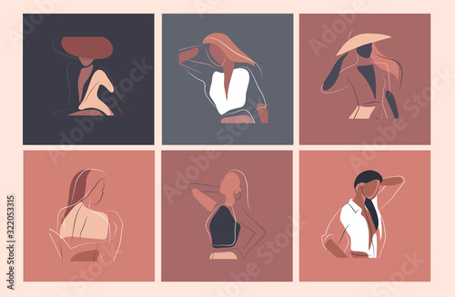 Feminine concept design template and illustration. Woman in minimal linear style Fashion illustration by femininity, beauty and modern art. Abstract poster and t-shirt print Vector illustration