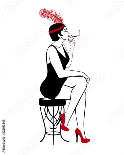Hand drawn flapper, 1920s smoking sexy lady, vector profile portrait