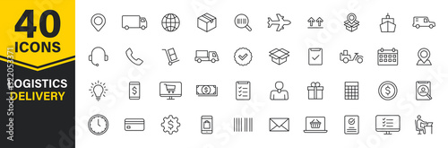 Set of 40 Delivery and logistics web icons in line style. Courier, shipping, express delivery, tracking order, support, business. Vector illustration.