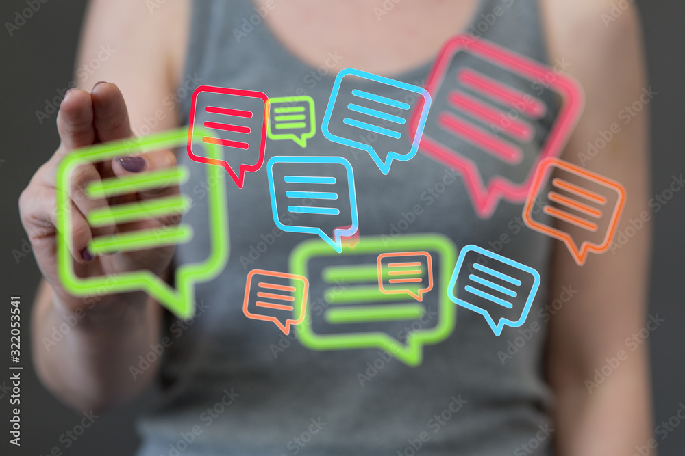 ilustration of a communication concept. The word communication with colorful dialog speech .