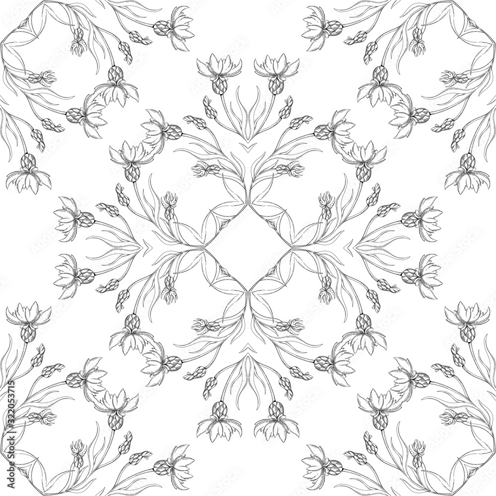 Fototapeta premium Vector seamless pattern of knapweed flowers for wedding invitation or vintage abstract background. Engraving imitation