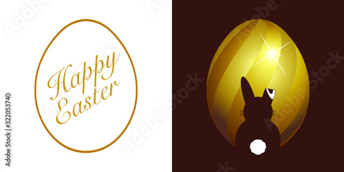 Illustration vectorielle avec un œufs de Pâques or 3D et une silhouette de lapin sur un fond couleur chocolat - texte : anglais - traduction : joyeuses Pâques.
