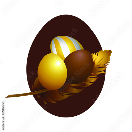 Illustration vectorielle de 3 œufs de Pâques 3D sur une plume - fond blanc avec une forme d’œuf couleur chocolat.
