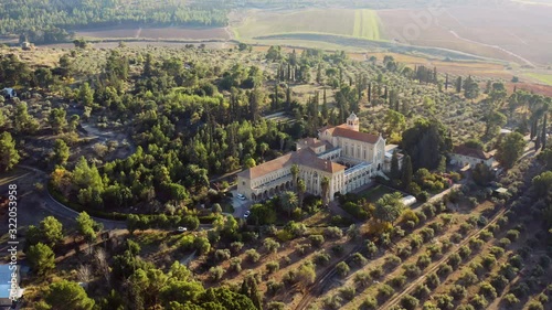 Latrun silencers monastery in Israel, 4k aerial drone sunset photo