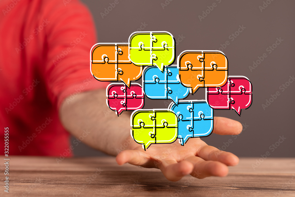 ilustration of a communication concept. The word communication with colorful dialog speech .