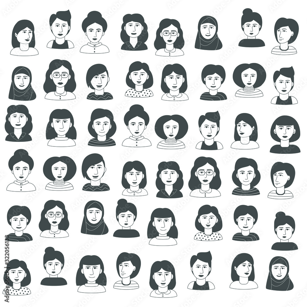 A variety of women's faces. Icons, avatars, portraits. Symbol of feminism. Doodle style vector illustration. A variety of women's faces. Icons, avatars, portraits. Symbol of feminism. Doodle style vector illustration.