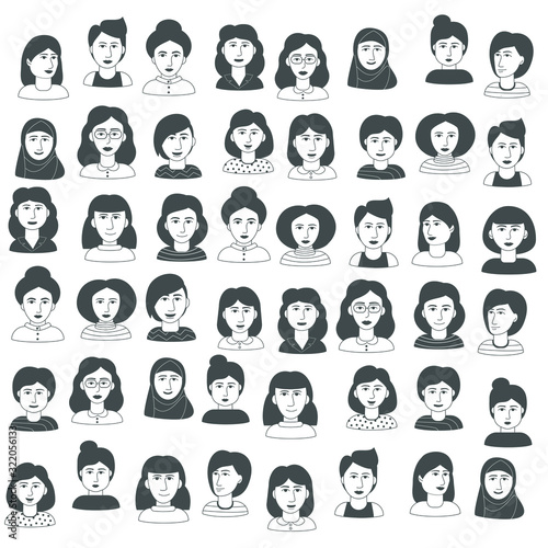 A variety of women's faces. Icons, avatars, portraits. Symbol of feminism. Doodle style vector illustration.