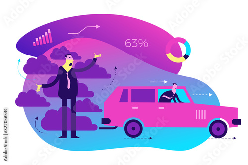 Ecological illustration. Not eco-friendly transport. A man suffocates with the exhaust gases of a car. Pollution of the planet with CO2. Global warming. Greenhouse effect. ECO problem. Green.
