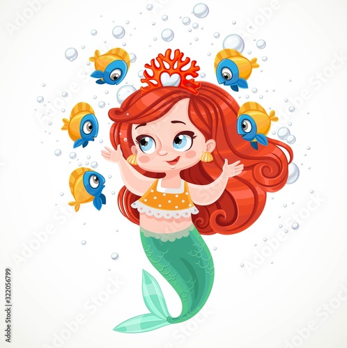 Cute little mermaid girl in coral tiara talking with fish among air bubbles isolated on white background