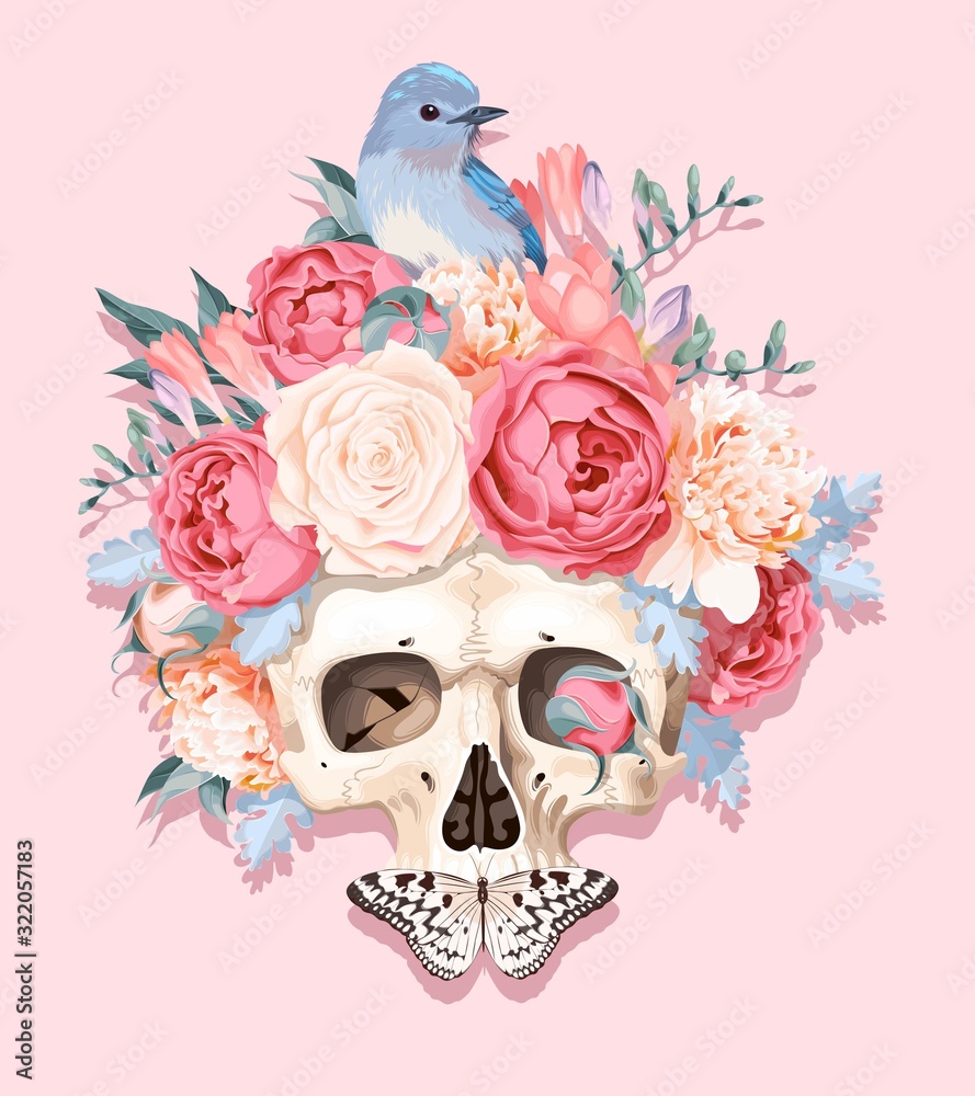 Vector illustration with human skull and flowers