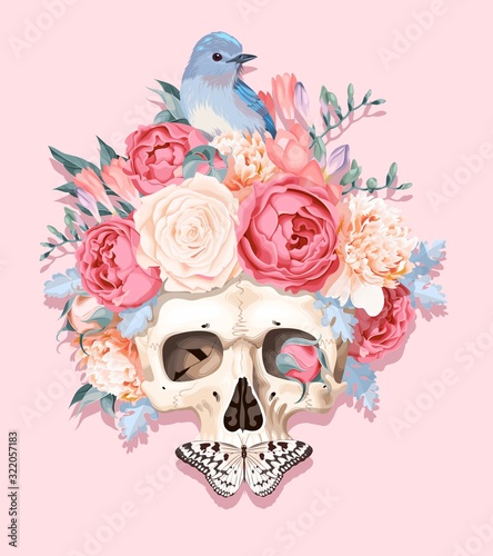 Fototapeta Naklejka Na Ścianę i Meble -  Vector illustration with human skull and flowers