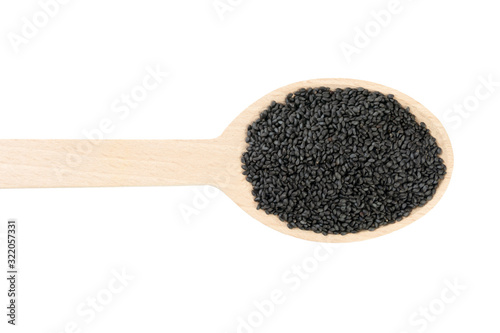 Basil seeds or Hairy, Sabja in wooden spoon isolated on white background. spices and food ingredients. spices and food ingredients