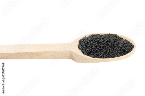 Basil seeds or Hairy, Sabja in wooden spoon isolated on white background. spices and food ingredients. spices and food ingredients