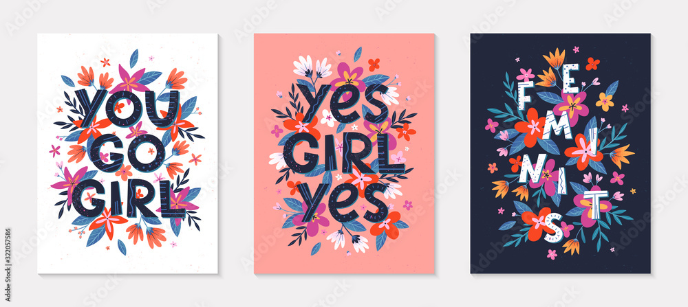 Fototapeta Set of girly vector illustrations; stylish print for t shirts; posters; cards and prints with flowers and floral elements.Feminism quotes and woman motivational slogans.Women's movement concepts.