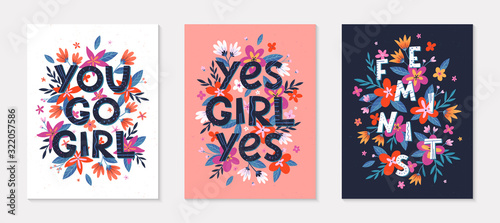 Fototapeta Set of girly vector illustrations; stylish print for t shirts; posters; cards and prints with flowers and floral elements.Feminism quotes and woman motivational slogans.Women's movement concepts.