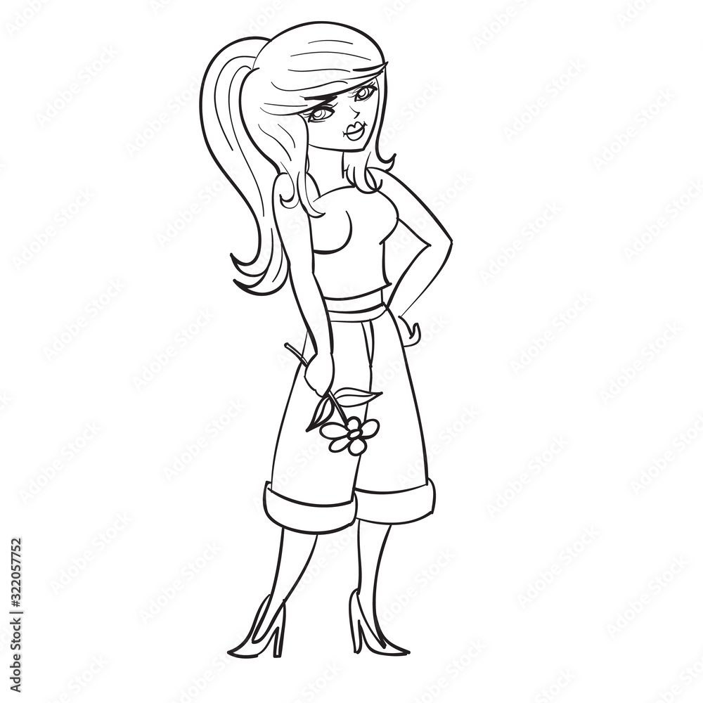 young girl with ponytail hair standing with a flower in her hands and waiting for someone, vector clip art, isolated object on white background, young girl with ponytail hair standing with a flower in her hands and waiting for someone, vector clip art, isolated object on white background,