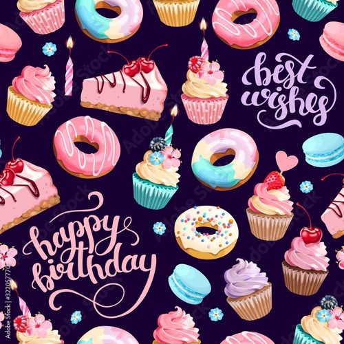Vector seamless pattern with cupcakes and donuts