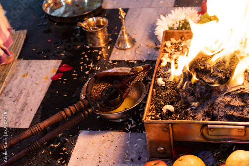 items for the Indian Yajna ritual. Indian Vedic fire ceremony called Pooja. A ritual rite, for many religious and cultural holidays and events in the Indian tradition. Hindu wedding vivah Yagya