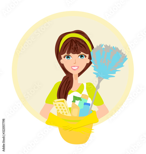 Beautiful smiling maid, cleaning company icon