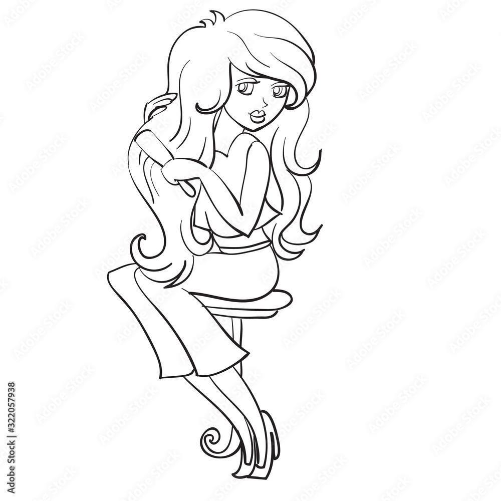 girl sitting on a round chair m combing her long hair with a comb, outline drawing, isolated object on a white background,