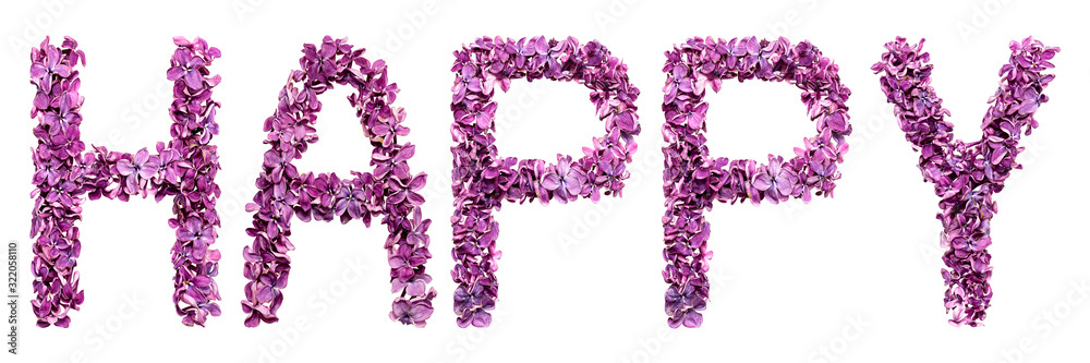 HAPPY word text made of pink flowers isolated on white background. Material for lettering..