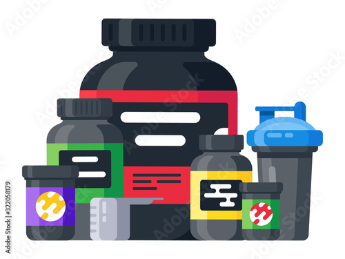 Fitness protein power drink. Sports nutrition, shakers energy drinks, healthy food for muscle and organic nutritional meal, isolated vector illustration