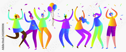 Holiday illustration with group of joyful people. Vector people in hats with confetti and balloons having fun 