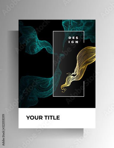 Design template cover, poster. Hand-drawn graphic gold and turquoise elements on a black background. Vector 10 EPS.