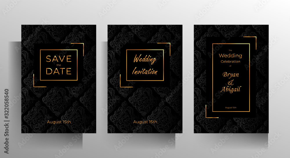 Design wedding invitation template set. Floral hand painted texture in black color. Vector 10 EPS.