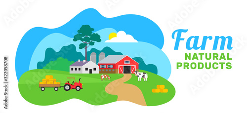 farm natural products banner. rural landscape with house cows tractor
