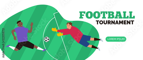 football tournament championship soccer players and goalkeeper with ball web banner vector illustration