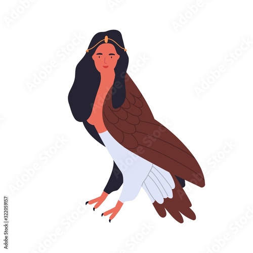 Cartoon harpy woman bird mythological animal vector flat illustration. Harpia colorful flying monster isolated on white background. Magical mythical creature female with wings