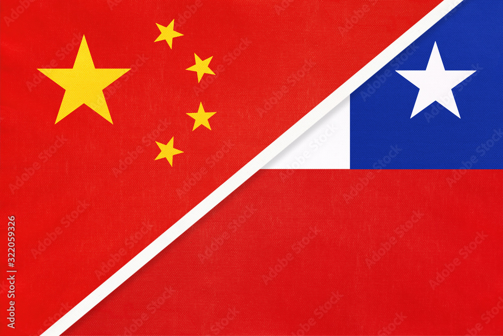 China or PRC vs Chile national flag from textile. Relationship between asian and american countries. China or PRC vs Chile national flag from textile. Relationship between asian and american countries.