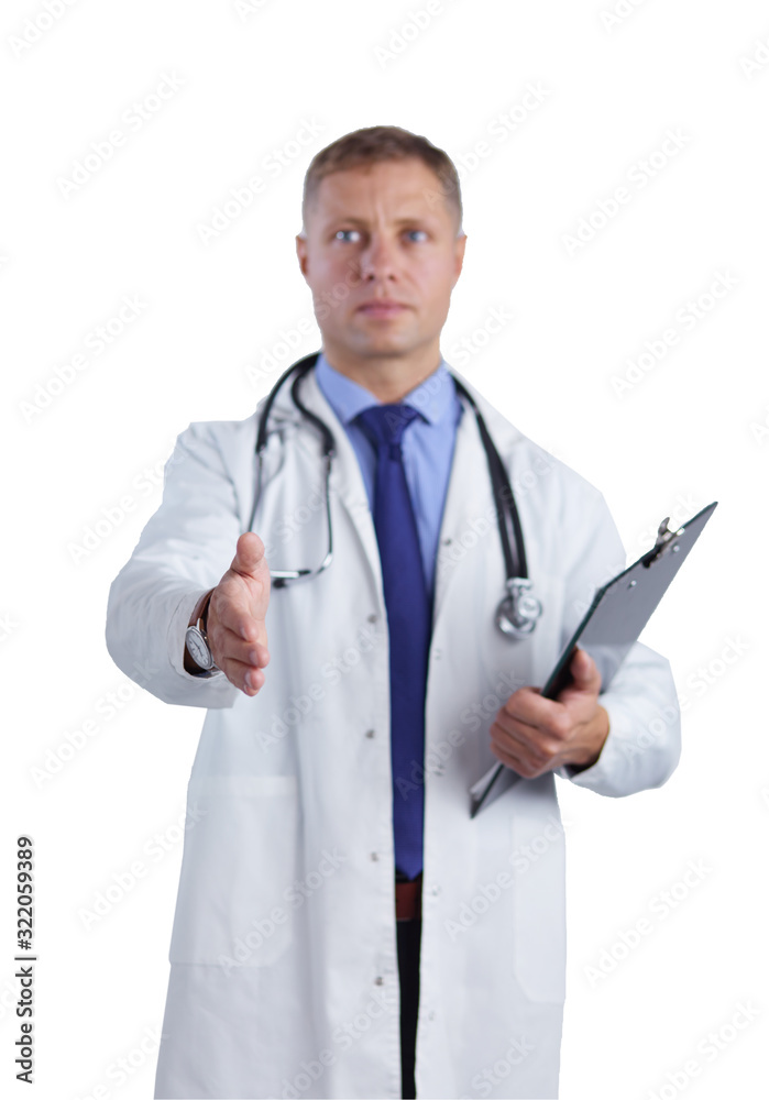 Friendly male doctor with open hand ready for hugging Friendly male doctor with open hand ready for hugging