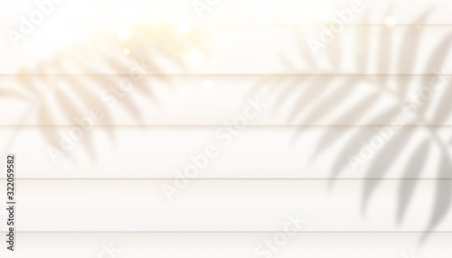 Wooden background with shadows of palm leaves. Mokup template for your flatlay. Vector illustration.