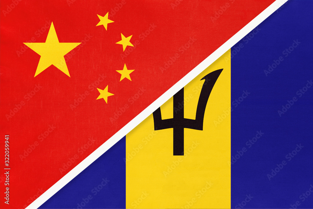 China or PRC vs Barbados national flag from textile. Relationship between asian and american countries. China or PRC vs Barbados national flag from textile. Relationship between asian and american countries.