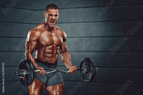Strong Handsome Bodybuilder Lifting Weights. Copy Space