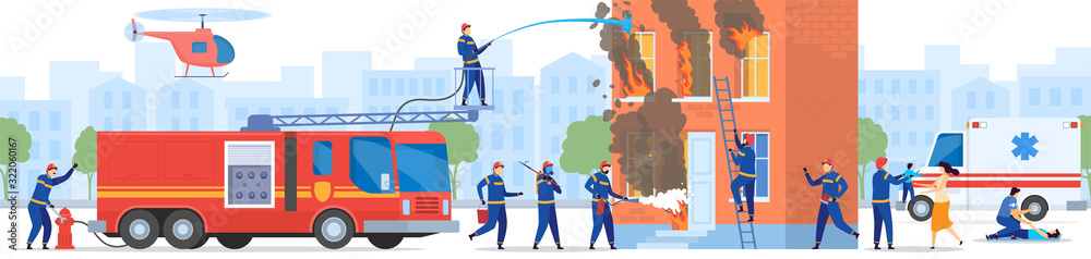 Firefighter team rescue people from burning house, vector illustration. Firemen cartoon characters in uniform, ambulance car emergency service. Firefighters and doctor help people emergency situation