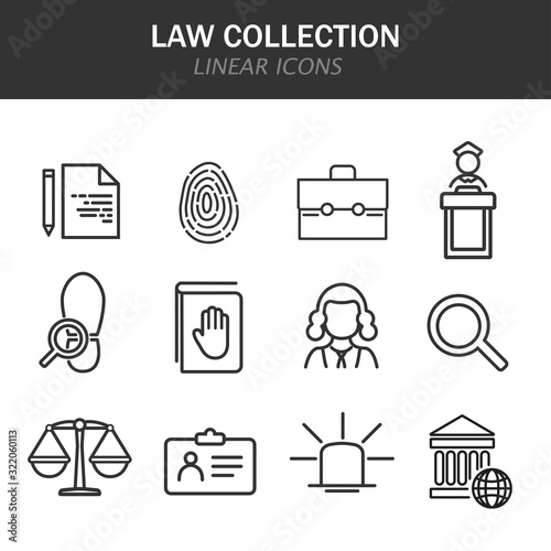 Law collection linear icons in black on a white background