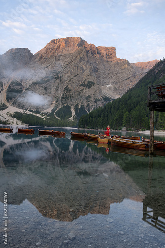 View of lake Braies, Dolomites, Italian Alps.