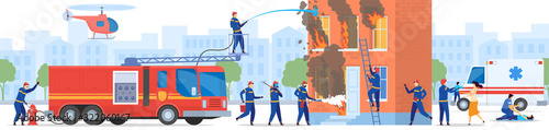 Firefighter team rescue people from burning house, vector illustration. Firemen cartoon characters in uniform, ambulance car emergency service. Firefighters and doctor help people emergency situation