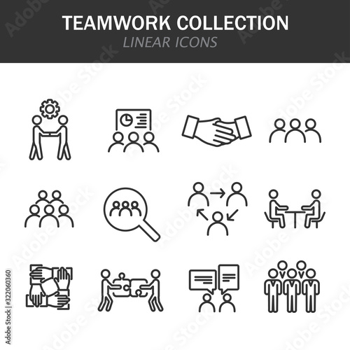 Teamwork collection linear icons in black on a white background