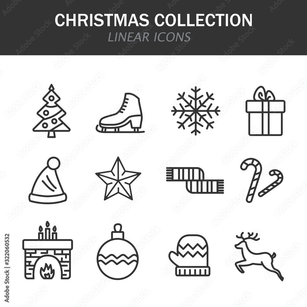 Christmas collection linear icons in black on a white background