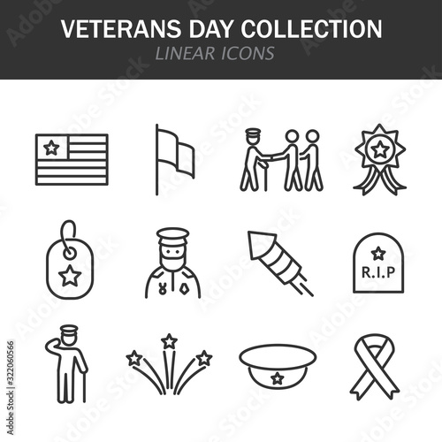 Veterans Day collection linear icons in black on a white background