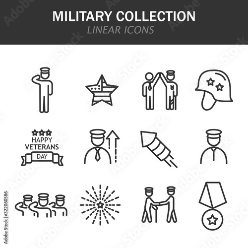 Military collection linear icons in black on a white background
